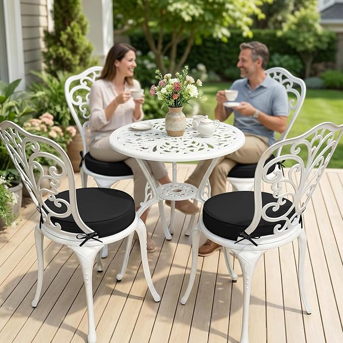 Outdoor Bistro Chair Cushions Set of 4, 15" D x 3" H Round Chair Cushions Waterproof and Fade Resistant Chair Cushion Pads with Non-Slip Ties and Removable Covers for Garden, Black