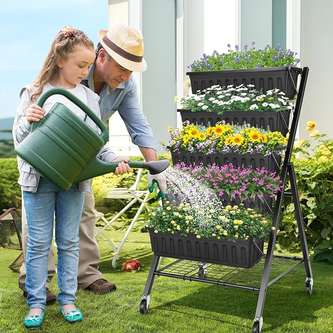 Suyncll Vertical Raised Garden Bed Planter Box, 5 Tiers Vertical Garden Planter with Drainage System and 4 Hooks for Plants Vegetables Flowers (Black with Storage Shelf & Wheels)