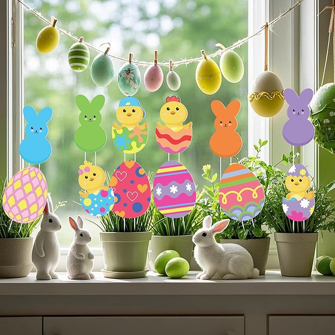 Iceyyyy 12 Pcs Easter Egg Planter Stakes-11 Inch Bunny Egg Chick Planter Stakes-Easter Yard Stakes Garden Signs for Home Plant Pot Party Supplies Outdoor Lawn Decor