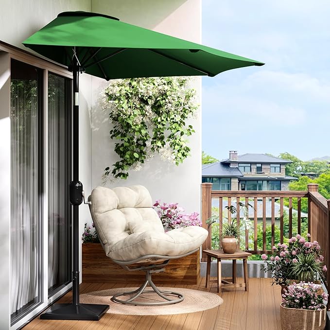 Garvee Patio Umbrella 9FT - Half Umbrella Outdoor with Smooth Crank Lift, Outdoor Shade Canopy for Patio, Backyard, Garden, Deck, Balcony -Dark Green