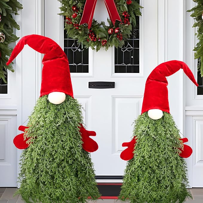 2 Pcs Christmas Gnomes Decorations 26" 22" Gnome Topiary Tree Set Christmas Porch Decor for Indoor Outdoor Home Xmas Front Door Garden Entryway