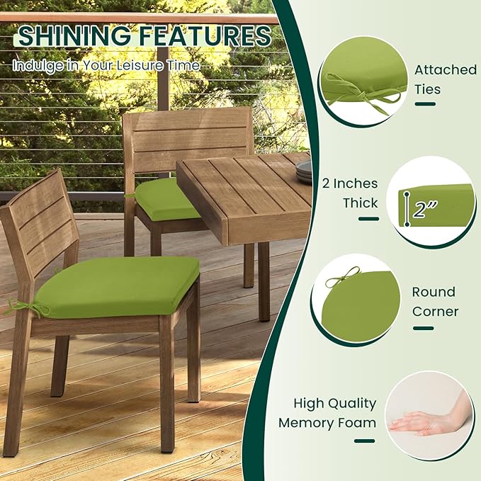 HARBOREST Outdoor Chair Cushions Set of 4, Water Resistant Patio Chair Cushions with Ties, Outdoor Seat Cushions for Patio Furniture, 17"x16"x2", Grass Green