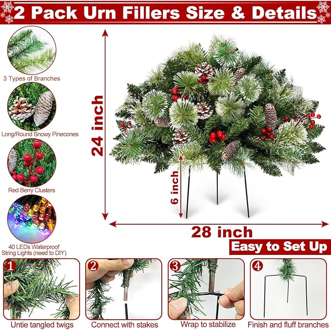 2 Pack 24" Lighted Christmas Tree Outdoor Urn Filler with Timer 8 Modes Warm White & Multi-Color Change Lights Snowy Pinecone Berries Tripod Stake Xmas Trees Planter Filler Christmas Decor Yard Porch