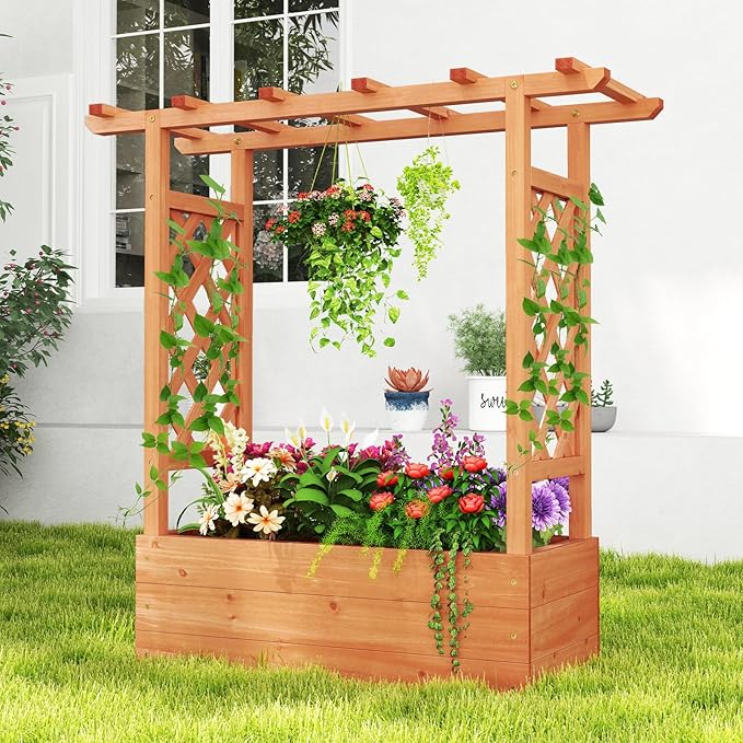 HAPPYGRILL Raised Garden Bed w/Trellis, 2 Wooden Elevated Planter Box w/Hanging Roof, Drainage Holes & Removable Bottom Panels for Climbing Vine Flower, Indoor Outdoor Wood Planter for Yard Patio
