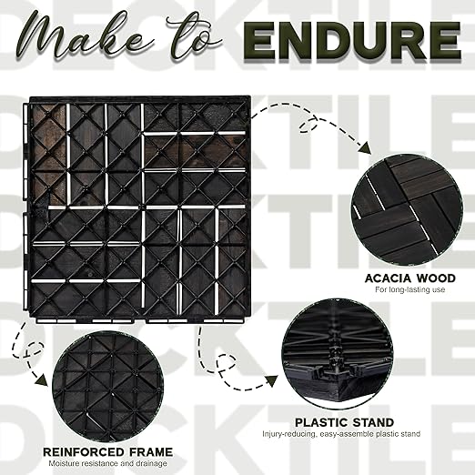 Acacia Wood Patio Deck Tiles - 27 Pcs 12 Slats Interlocking Decking Tiles for Patio Decor, Waterproof Indoor & Outdoor Use, Garden Decking Tile (12.2 x 12.2 x 0.7) - Black