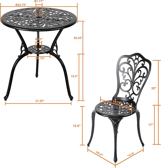 NUU GARDEN 3 Piece Outdoor Bistro Table Set, All Weather Cast Aluminum Patio Bistro Sets Patio Table and Chairs Set of 2 with Umbrella Hole for Yard, Garden, Balcony, Black