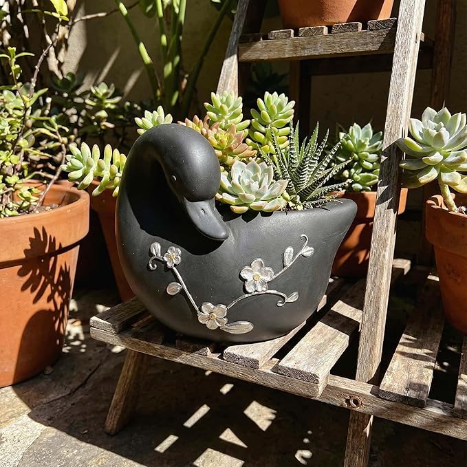 Swan Flower Pot - Unique Resin Sculpture, Enchanting Decorative Garden Planter, Elegant Swan Vase for Succulents & Air Plants, Indoor/Outdoor Use, Durable & Whimsical Design (Black)
