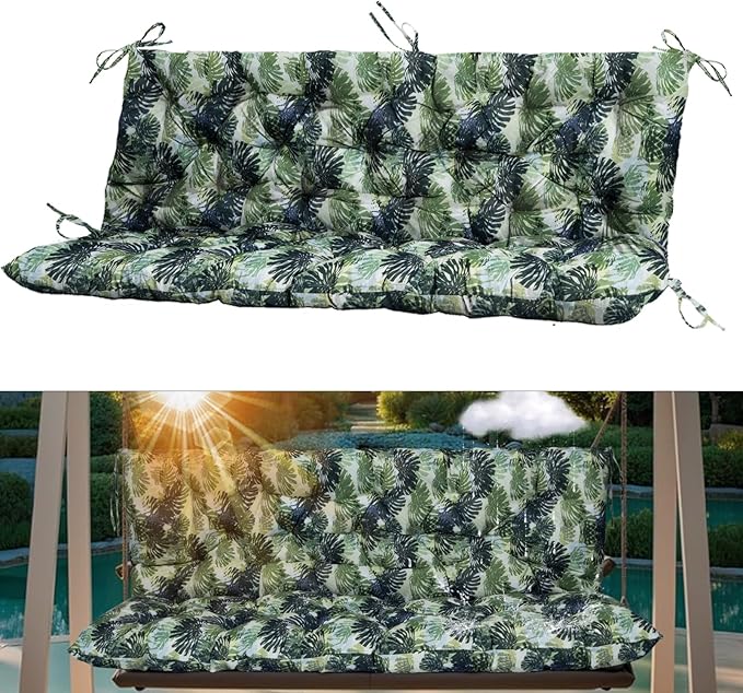 2-3 Seat Swing Replacement Cushion, Outdoor Bench Cushions with Backrest Thicken 4", Patio Furniture Garden Porch Loveseat Glider Pad Anti-Fading Waterproof (Palm Leaves, 40x60in)