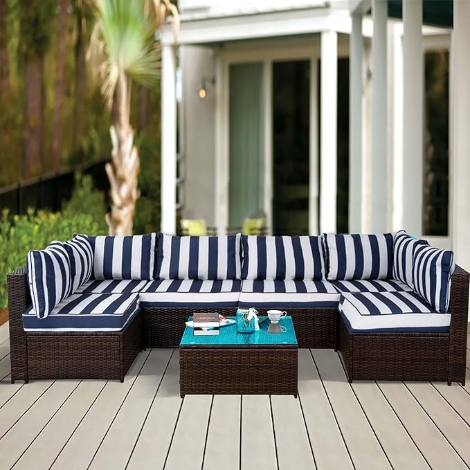 14 Piece Outdoor Replacement Cushions for Patio Furniture, 4" x 25.6" x 25.6" High Density Waterproof Outdoor Sofa Cushion Sets, Fits 6 Seat Wicker Sectional Conversation,Blue Striped