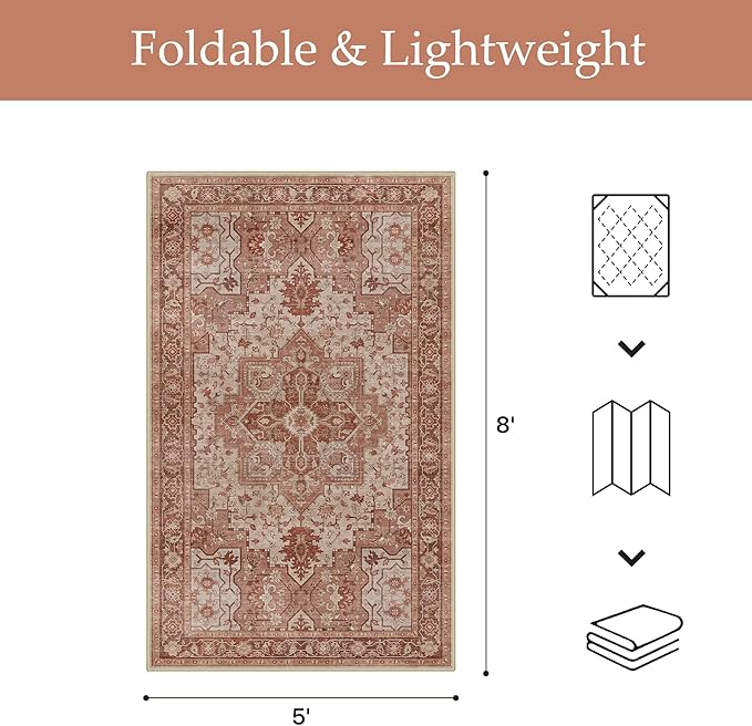 GENIMO Outdoor & Indoor Area Rug 5'x8', Waterproof, Non-Shedding, Easy Cleaning, Boho Mat for Patio, Living Room, Balcony, Dining Room, RV, Deck, Bedroom, Camping, Outside Carpet,Brown Red