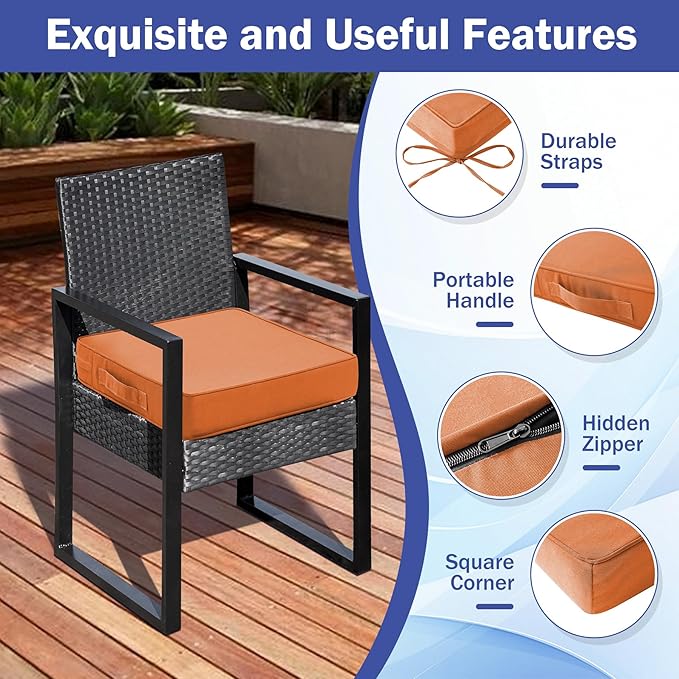 Patio Chair Cushions, 18.5" x 16" x 3" Outdoor Chair Cushions Set of 4, Waterproof Outdoor Cushions for Patio Furniture, Outdoors Seat Cushions Set of 4 with Handle and Ties, Spice