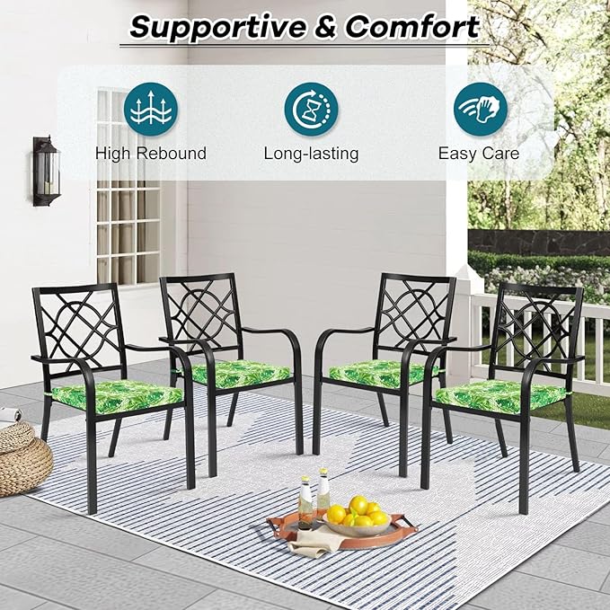 Basic Beyond Outdoor Chair Cushions Set of 4, Square Corner Outdoor Cushions for Patio Furniture, Water Resistant Patio Chair Cushions with 2 Ties, 18.5x16x3, Green Leaves
