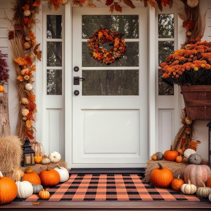 Tinideya 4' x 6' Thanksgiving Plastic Straw Outdoor Rug Waterproof Plaid Buffalo Front Doormat Porch Mat Patio Deck Mat for Outside Indoor Garden Lawn Balcony Holiday Decorations(Orange and Black)