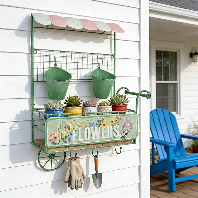 Vintage Rustic Metal Wall Plant Stand for Indoor Outdoor Decor,Garden Wall-Mounted Cart-Shaped Hanging Planter Holder with Flower Buckets & Storage Shelf Hooks for Patio Yard Farmhouse