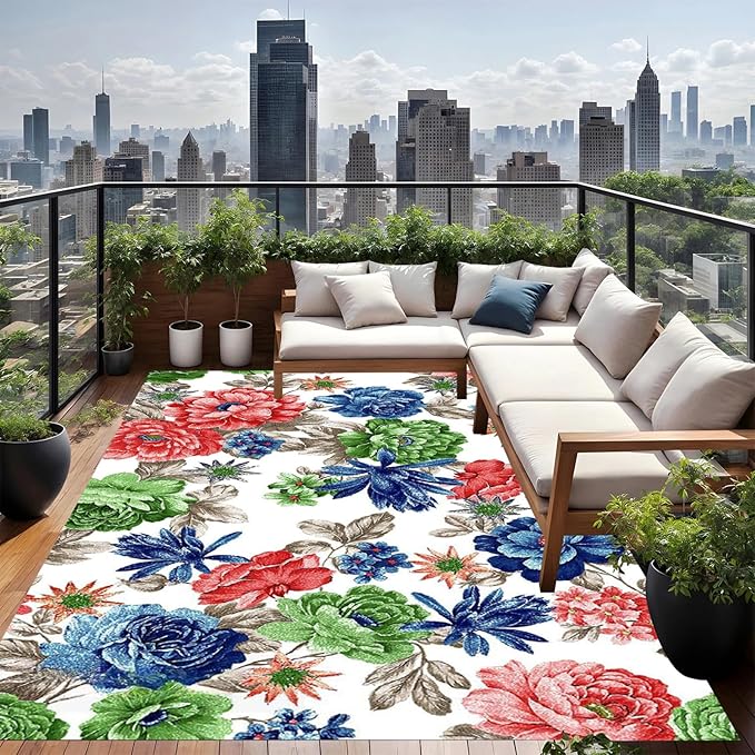 Floral Textured Modern Farmhouse Waterproof Outdoor Area Rug for Patio Deck Porch Balcony Ultra Navy Blue Green Garden Washable Outside Large Carpet Home Entrance Hallway Non Slip Mat 6x9
