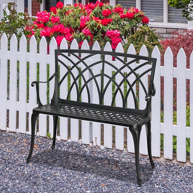 Outvita Outdoor Cast Aluminium Bench, 38" Weather Resistant Patio Bench with Orchid Pattern for Front Porch, Backyard, Lawn