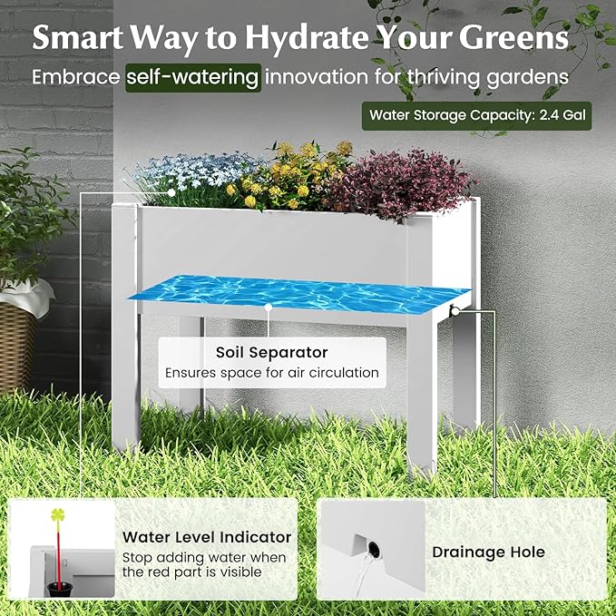 Giantex Raised Garden Bed with Legs, Self-Watering Planter Box with Water Level Indicator, Drainage Hole & Detachable Space Dividers, Outdoor Plant Container for Flower, Vegetable, Fruit, Herb