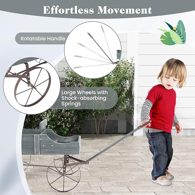 Wooden Wagon Planter with Wheels, Indoor/Outdoor Flower Cart w/Dual-Compartment & Adjustable Handle, Decorative Garden Planter for Home, Yard, Wedding (Grey)