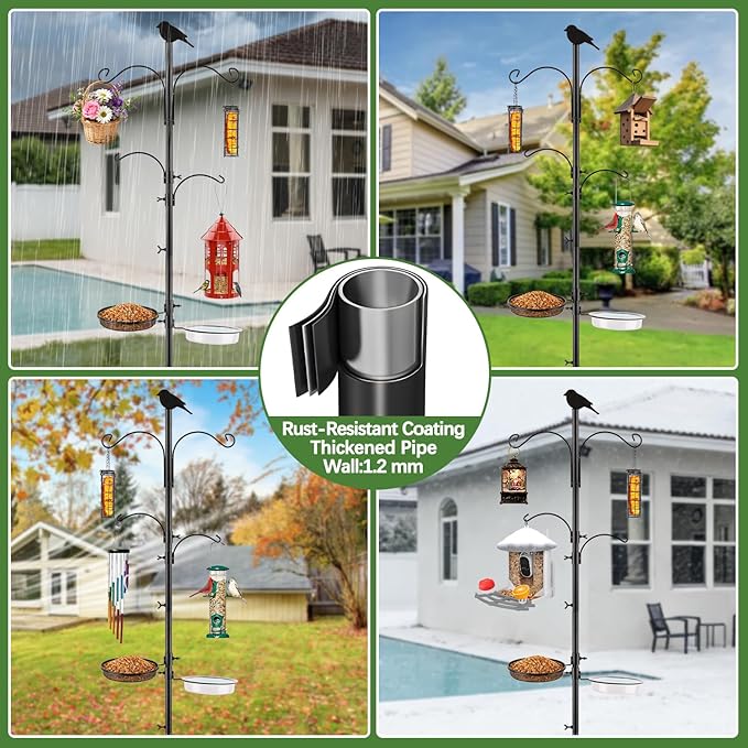 Camii 75 inch 4-Hook Bird Feeder Pole Kit, Adjustable Shepherds Hook with Tray, Water Bowl, 5-Prong Reinforced Base, Garden Hooks for Hanging Bird Feeders, Hanging Plants, Solar Light Lantern