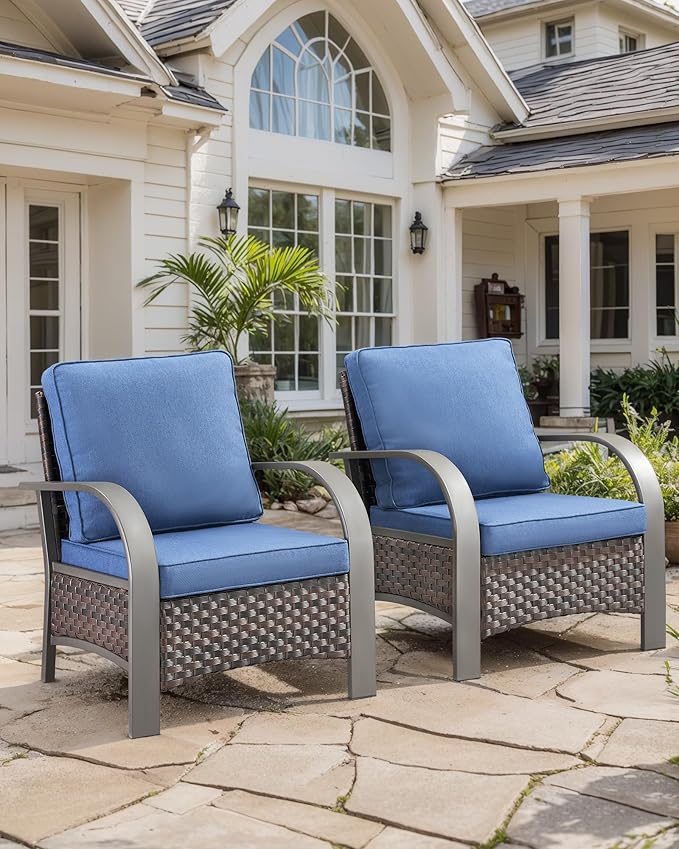 HUMMUH Outdoor Wicker Patio Chairs Set of 2-High Back Patio Dining Chairs Outdoor Patio Chairs for Deck Porch Lawn Garden Backyard-Brown/Blue