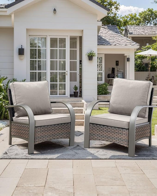 HUMMUH Outdoor Wicker Patio Chairs Set of 2-High Back Patio Dining Chairs Outdoor Patio Chairs for Deck Porch Lawn Garden Backyard-Brown/Beige