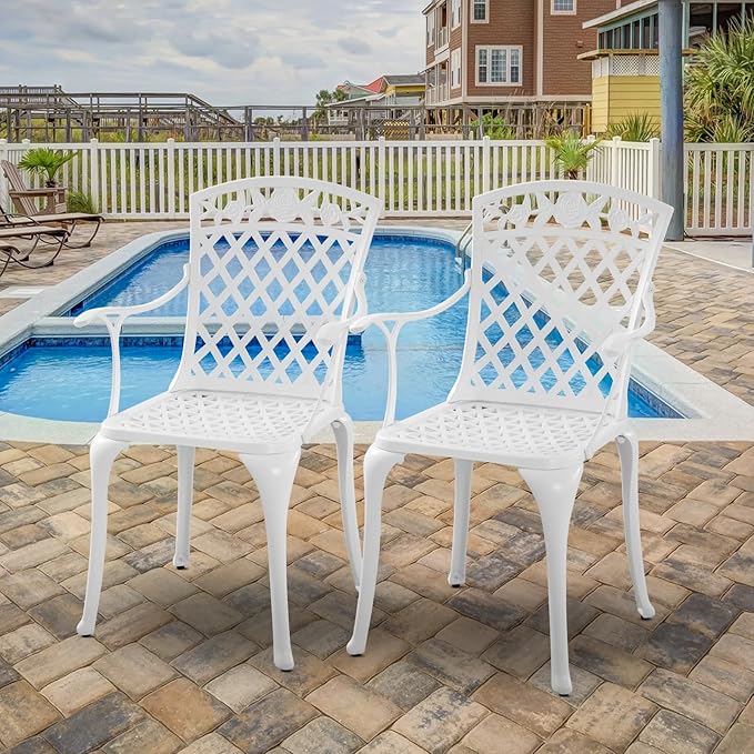 Sturdy Patio Chairs Cast Aluminum Outdoor Dining Chairs with Armrest, Outdoor Bistro Seating Chair for Garden, Backyard - 2 Pack, White