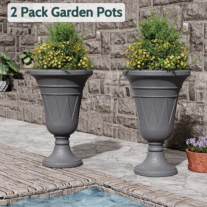 23.6" Tall Plastic Urn Planters for Outdoor Plants, Set of 2 Heavy-Duty Classic Indoor Large Flower Pots with Drainage Holes & Trophy Design, Outdoor Planters for Porch, Home Garden, Dark Grey