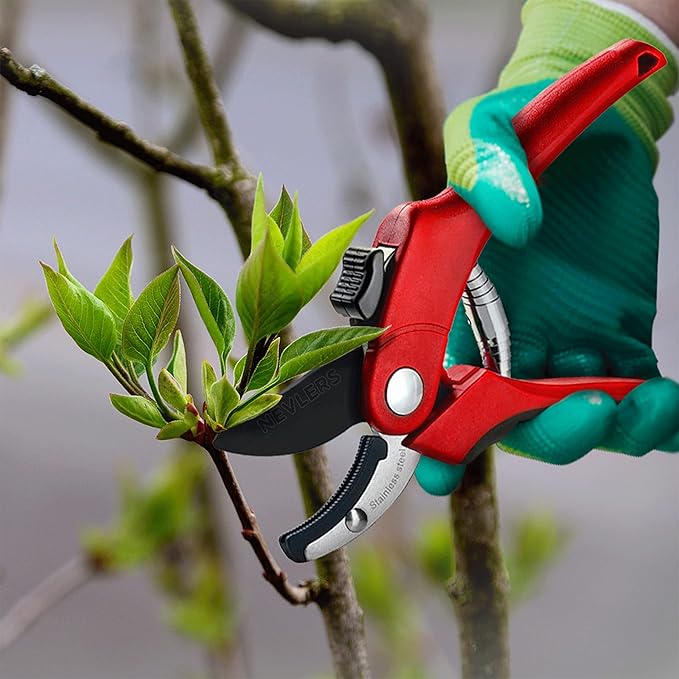 Nevlers 8" Anvil Pruning Shears for Gardening | Hand Pruners for Gardening w/Stainless Steel Blades, 8mm Cut Cap | Garden Clippers Handheld w/Safety Lock | Pruning Shears Heavy Duty Design — Red