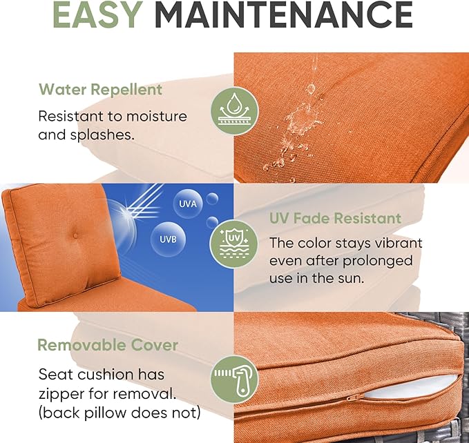 Outdoor Chair Cushion Set of 3, Waterproof Outdoor Seat Cushions 25x22, Patio Chair Cushions for Outdoor Furniture, Couch Cushion Replacement, Include 3 Back & 3 Seat Cushions, Button/Orange
