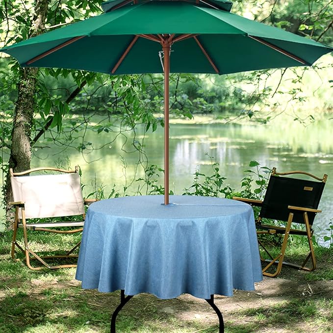 Outdoor Tablecloth Wrinkle-Free Stain Resistant Waterproof Polyester Fabric Table Cover with Zipper Umbrella Hole for Picnic/Party/Dinner/Patio Garden(60inch Round,Zippered,Water Blue)