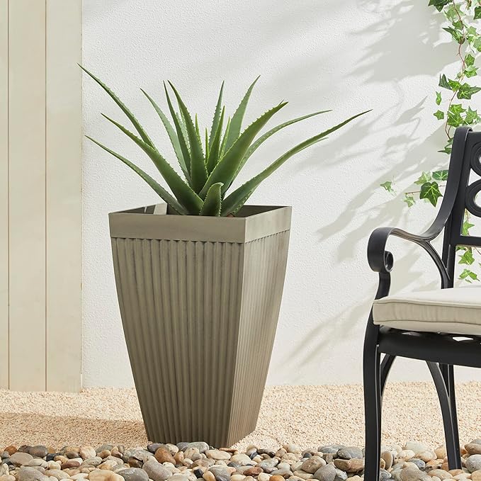 Glitzhome 23" H Tall Planter, Large Planters for Outdoor Plants, Outdoor Planters with Drainage Hole, Faux Concrete Fluted Large Flower Pots for Porch Indoor Patio Garden and Deck, Set of 2