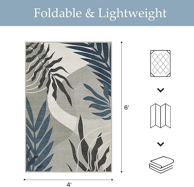 GENIMO Outdoor & Indoor Area Rug 4'x6', Waterproof, Non-Shedding, Easy Cleaning, Leaf Mat for Patio, Living Room, Balcony, Dining Room, RV, Deck, Bedroom, Camping, Outside Carpet, Blue Grey