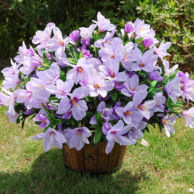 INSPRING Artificial Fake Flowers for Outdoors Spring Summer Decor, Faux Azalea Plants 3 Bundles Silk Flowers UV Resistant Realistic Outdoor Flower for Planters Porch Patio Garden Window Walkways Home