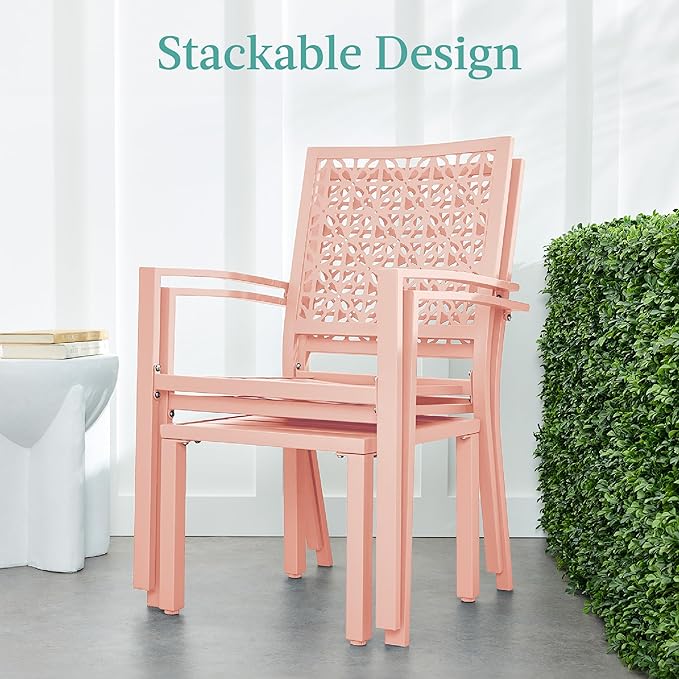 Best Choice Products 3-Piece Outdoor Bistro Set, Stackable Modern Steel Furniture for Porch, Garden w/ 2 Chairs, Table, Geometric Decor - Peach