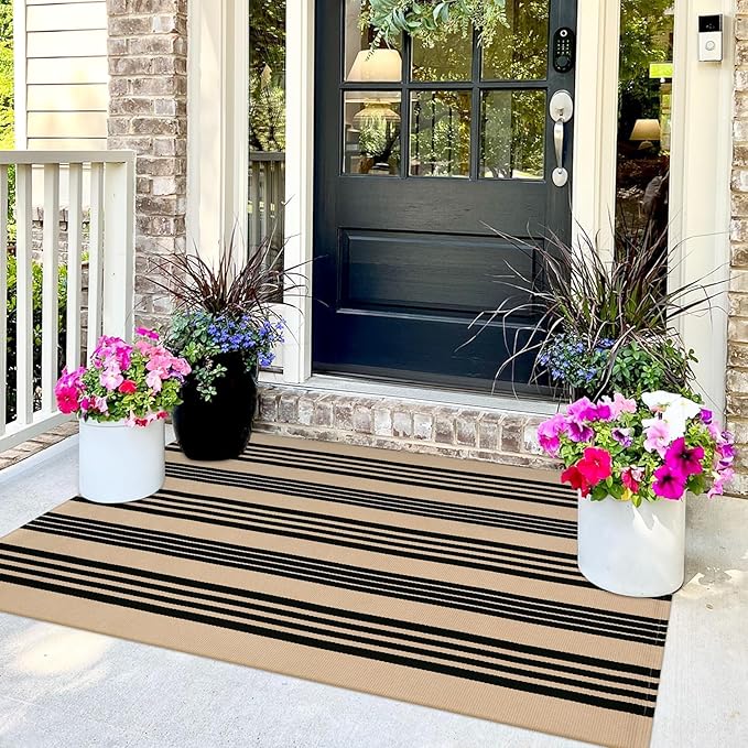 OJIA Outdoor Rug 3'x5', Black and Tan Area Rug Machine Washable Rugs Cotton Hand Woven Entry Rug Indoor Outdoor Striped Carpet for Front Porch/Deck/Backyard/Camping/Outdoor Decor