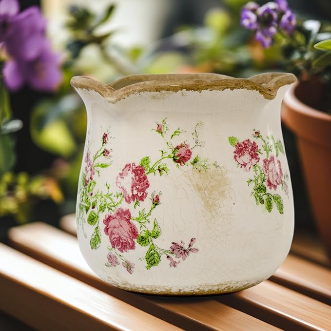 Rustic Ceramic Planter, 6 Inch Tuscan Vintage Flower Pot with Drainage, Farmhouse Garden Pot for Indoor Plants, Kitchen & Garden Tuscan Decor, Plant Lover Gift (Pink)