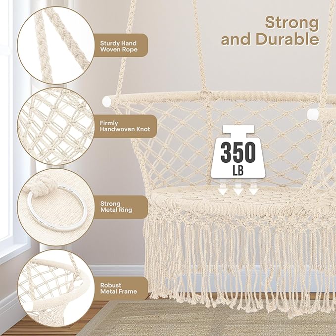 Athena Collection Hammock Swing Chair with Cushion, Outdoor Macrame Chair with Mounting Hardware, Max 350 Lbs, Large Cotton Rope Hanging Chair for Outdoor Indoor Porch Garden, Beige