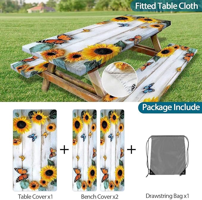 Picnic Table Cover with Bench Cover, Outdoor Patio Camping Essentials Farmhouse Sunflower Table Covers with Elastic Waterproof Camping Tablecloth with Drawstring Bag, 60In 3PCS
