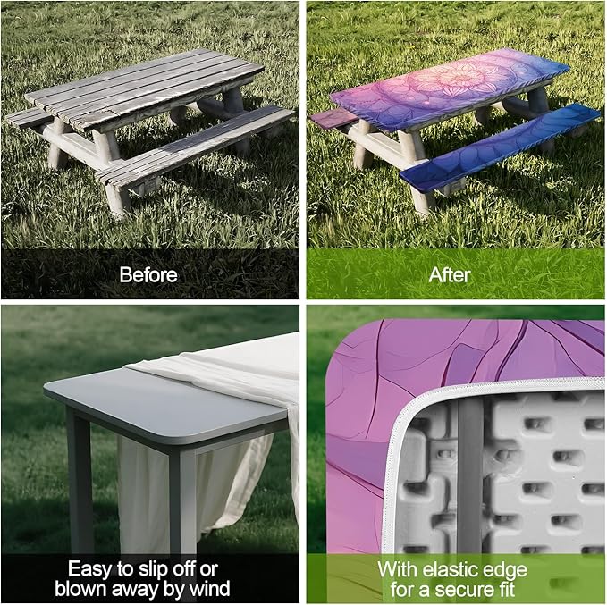 Mandala Design Picnic Table Cover with Bench Covers Set of 3 - Colorful Gradient Geometric Pattern, Elastic Fitted Tablecloth for 6 Ft Tables, Washable Polyester Cover for Patio, Indoor & Outdoor