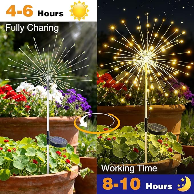 btfarm 4 Pack 120 LED Solar Garden Lights Outdoor, 8 Modes Firework Lights Solar Powered, Waterproof Twinkle Fairy Light Outside for Yard Patio Pathway Pool Christmas Party Decorative, Warm White