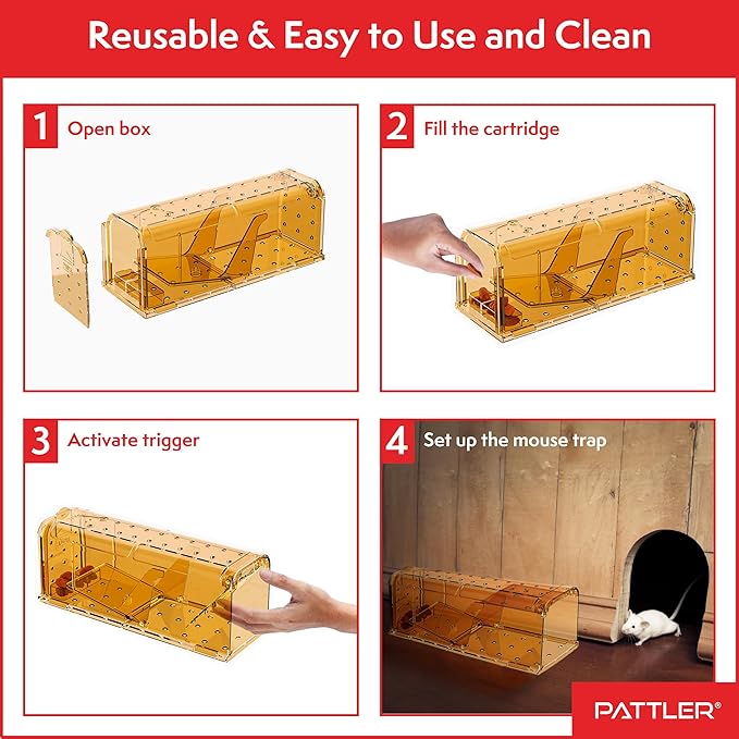 PATTLER® | New Large Humane Mouse Trap for Indoor and Outdoor Home | Mechanical Reusable Live Mouse Traps Catch and Release Mice from Garden, Garage, Attic, Inn, Hotel | Orange | Pack of 2
