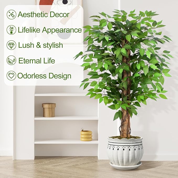 4ft Ficus Artificial Trees with Natural Curved Trunks, 48" Tall Lush Faux Tree for Home Decor Indoor, Green Lifelike Fake Ficus Tree Artificial Plants