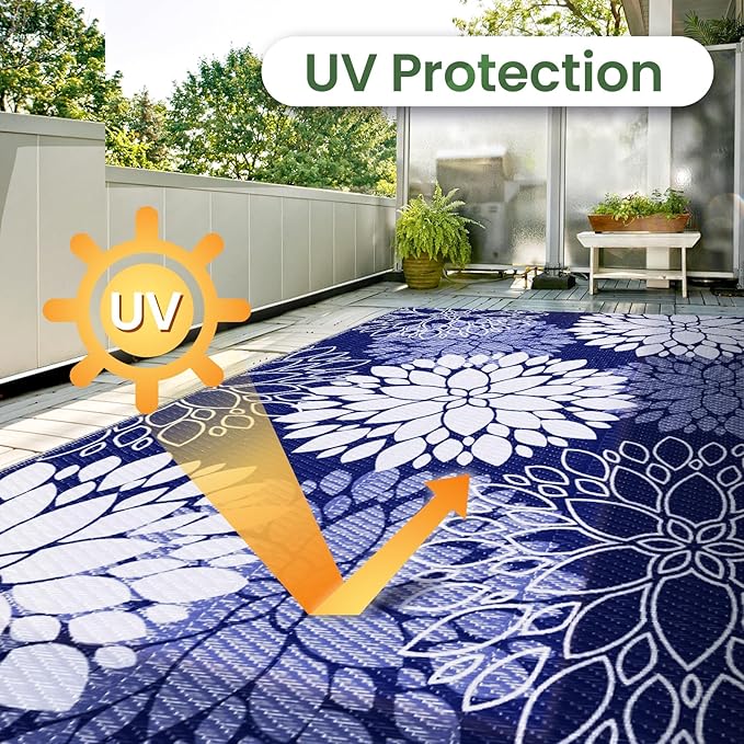 LuxStep Outdoor Rug Waterproof Outdoor Plastic Straw Rug Reversible Patio Rug Mat Outdoor Decor Large Area Mats for RV, Picnic, Backyard, Deck, Balcony, Porch, Beach, Camping, 8' x 10' Blue