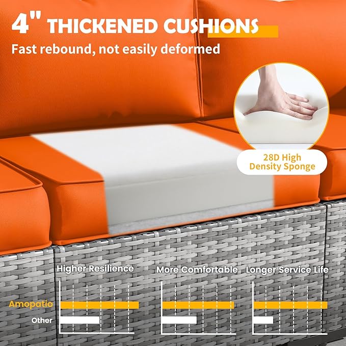 Amopatio Outdoor Sofa Replacement Cushion Set. Waterproof Seat and Back Cushions for Patio Fumniture - Extra-Thick Cushions, Machine- Washable Covers(Orange)