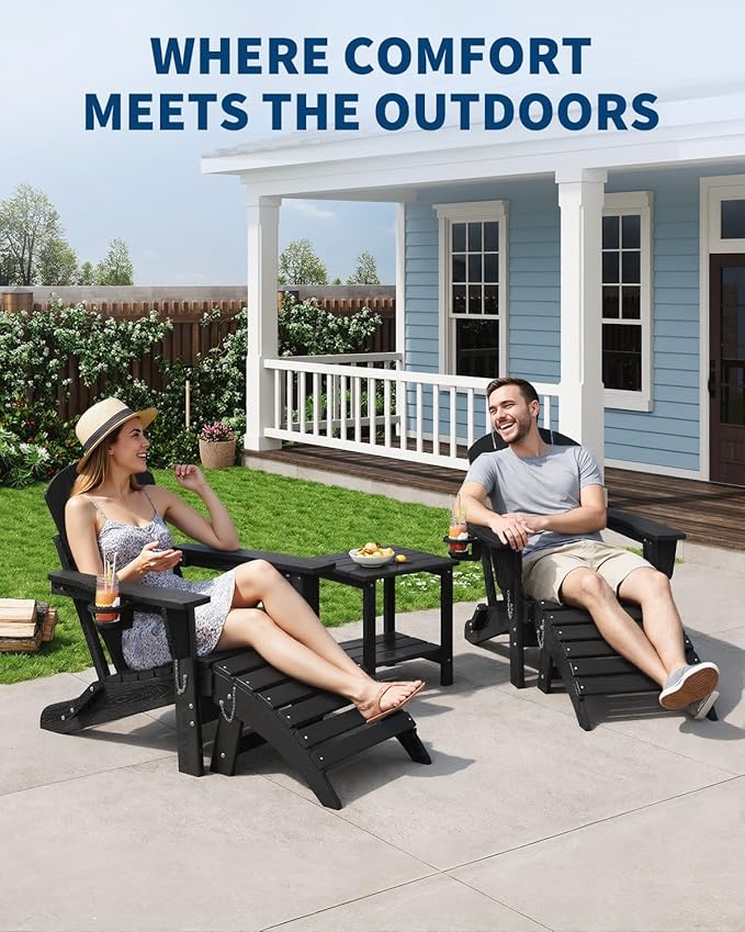 Folding Adirondack Chair Set of 4 with Ottoman, All-Weather HDPE Outdoor Chair, Wooden Textured with Cup Holder for patios, Decks, Gardens, fire pits, Black