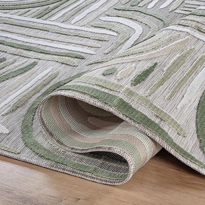 CAMILSON Indoor Outdoor Rug, Beige 9x12 Geometric Arch Striped Large Area Rugs for Patio and Home Areas, Easy-Cleaning Non-Shedding Living Room, Garden and Deck Washable Outside Carpet (9 x 12)