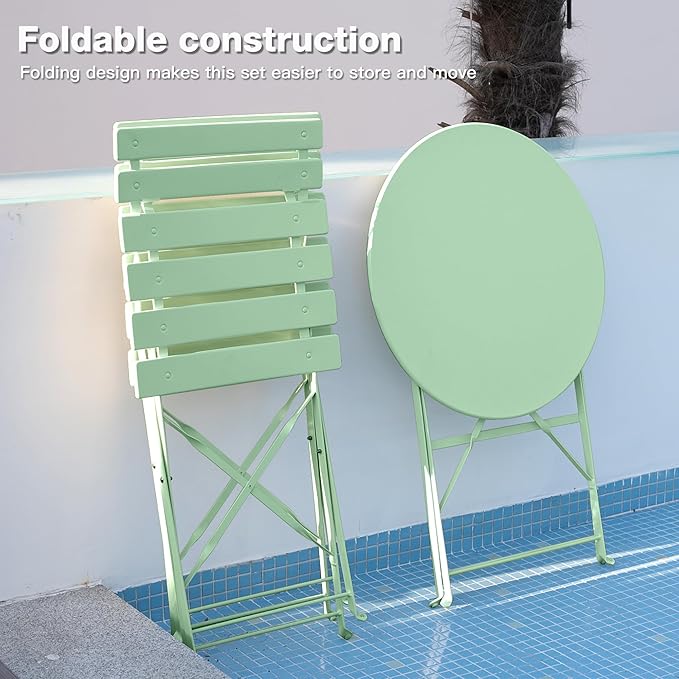 3 Piece Bistro Set, Folding Patio Furniture Set, Outdoor Table and Chairs Set for Patio, Garden, Balcony and Poolside, Green