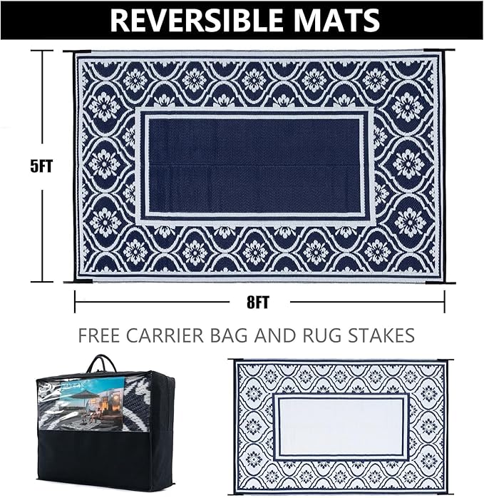 HUGEAR Outdoor Patio Rug 5'x8' Waterproof Outside Area Rugs Blue Reversible Plastic Straw Carpet for RV Deck Camping Entryance Porch Picnic Balcony Beach