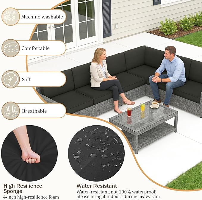 14 Pcs Outdoor Replacement Cushions for Patio Furniture, All Weather Water Resistant Cushion for 6 Seat Rattan Wicker Sectional Patio Conversation Sets and Couch (Black)