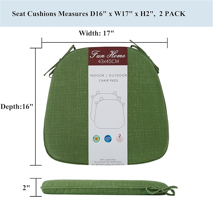 FUNHOME 17"x16"x2" Outdoor Chair Cushions Set of 4, Water Resistant Patio Chair Pads with Ties, Seat Cushions for Home Garden Furniture Decoration-Moss Green